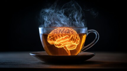 Glowing herbal tea cup with brain-shaped steam, symbolizing herbal medicine for alcheimers and cognitive healing.