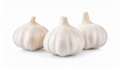 Three whole garlic bulbs side by side on white background, fresh and intact with papery skin.