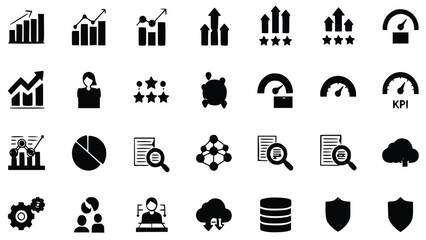 Collection of black and white infographic icons representing various business analytics, data management, performance measurement, and security concepts