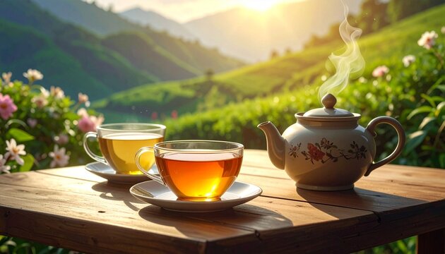 Outdoor wooden table at sunrise with two glass teacups, steaming floral teapot, lush hills and flowers. - Powered by Adobe
