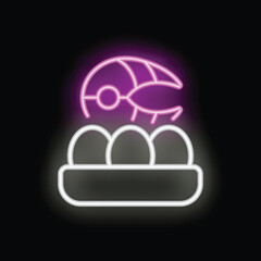 Neon sign of shrimp sushi with black background, ideal for restaurants and businesses