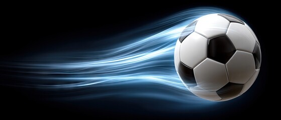 Naklejka premium Soccer ball flies through the dark background with glowing blue trail in digital artwork for sport-related design and promotional material