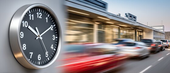 Wall-mounted clock shows five o'clock near busy street with moving cars and multi-level building in urban setting
