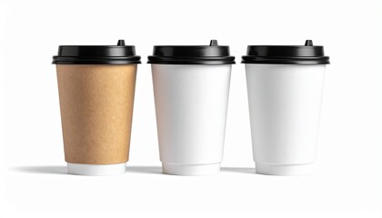 Three disposable coffee cups with black lids&mdash;one brown kraft, two white&mdash;side by side on neutral background.