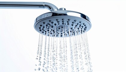 &ldquo;Metallic showerhead close-up water streaming droplets straight lines clean background clarity hygiene plumbing fixture&rdquo;