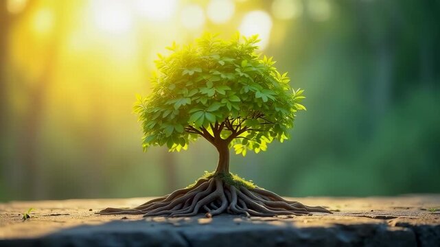 A small tree with green leaves and visible roots