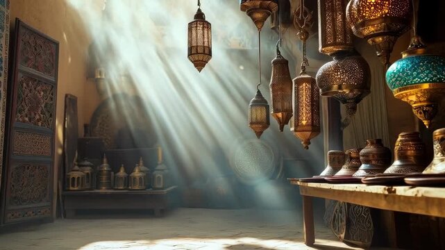 An old brass lamp shop in an old Middle Eastern city bazaar