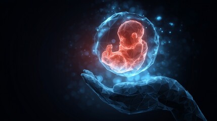 Embryo held within a luminous sphere above a protective hand, symbolizing in vitro fertilization, embryology research and fertility clinic care.