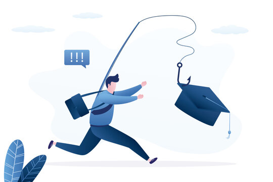 Education fraud. Student running to grab bating graduation hat. Self-deception, Poor learning or teaching, low quality of instruction, high cost of education. Lie or bait