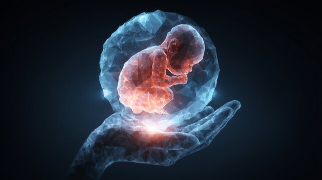 Hand cradling a glowing fetal model in amniotic sac symbolizing prenatal genetic testing and embryo health assessment.