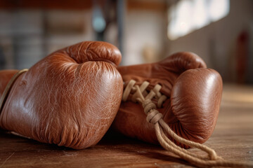 Training Day Theme Classic Brown Boxing Gloves Symbolizing Endurance and Strength on Wooden Floor in a