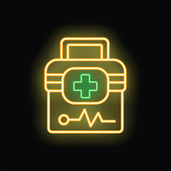 Obraz premium Glowing neon line first aid kit icon isolated on black background. Medical box with cross. Medical health care concept. Vector illustration