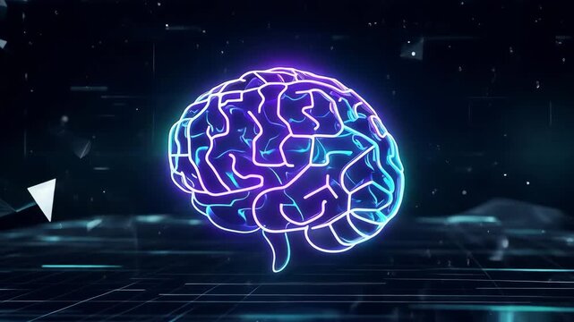 Holographic 3D Brain Floating Over a Digital Grid Floor