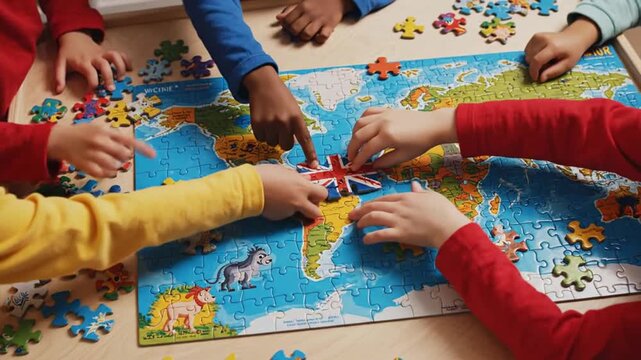 Collaborative World Puzzle: Children Connecting Continents