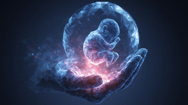 Hand holding glowing dna helix and embryo inside protective sphere representing genetic testing and prenatal dna analysis.