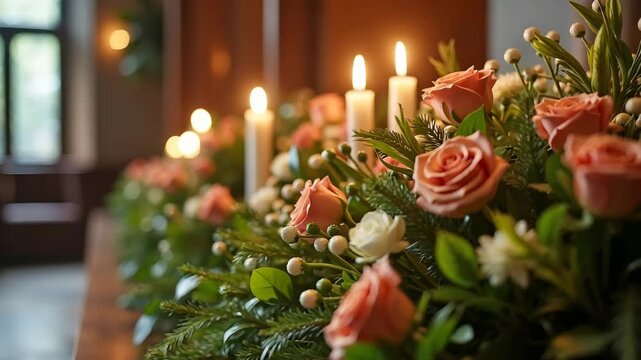 Close-up of floral arrangement with pink roses and pine branches in a church. Lit candles glowing in the background. Elegant event decoration