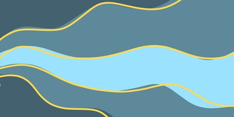 Abstract wavy background with layered flowing shapes in blue and gray tones, accented by soft yellow lines. Modern organic design suitable for creative background, presentation, wallpaper