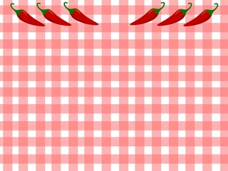 Obraz premium Gingham background with red chili pepper illustration forming a top border, cute food-themed frame design suitable for menu, recipe, flyer, or kitchen-themed layout.
