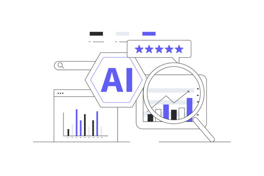 AI Analysis for SEO. Use AI tools to analyze SEO strategies and identify opportunities. Outline of AI analysis comparing SEO metrics. Flat Cartoon Vector Illustration, icon Stylish abstract design web