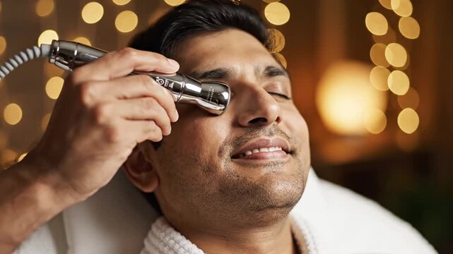 Man Receiving Facial Treatment with Microcurrent Device