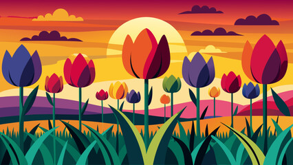 Vibrant sunset tulip field Vector