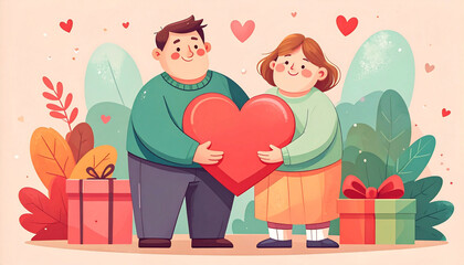 Cute cartoon couple celebrate valentine's day with heart and gifts colorful love scene romantic atmosphere