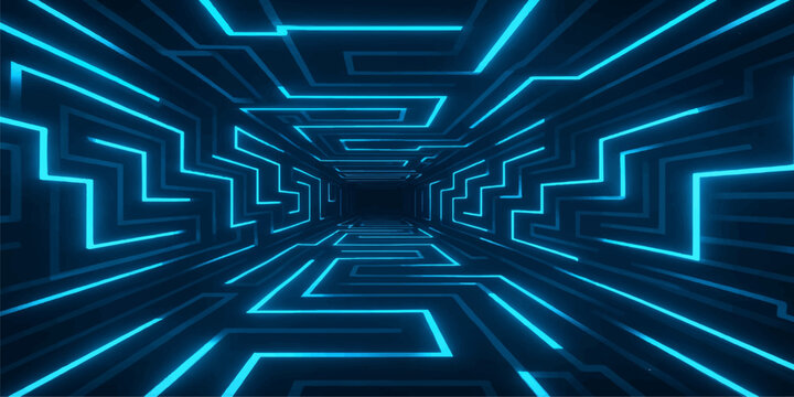An abstract blue technology background features a 3d circuit pattern forming a labyrinth tunnel where a complex digital maze represents a business challenge on the path to a success solution