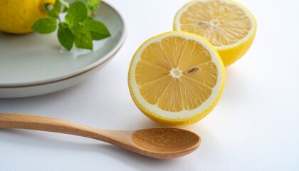 Halved lemon with visible seed on white surface, whole lemon and mint on plate, wooden spoon foreground.