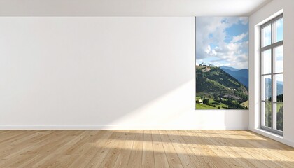 Minimalist interior with wooden floor, white walls, large window casting shadows, potted plant, framed cityscape.