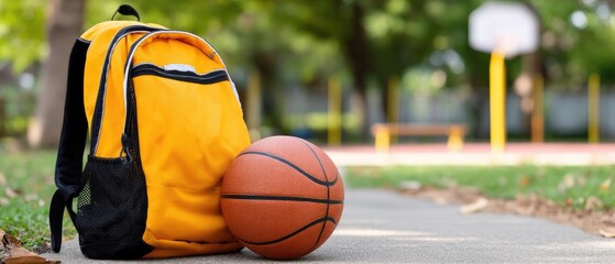 School bag and basketball sit by the court during afternoon practice for local students in a community park