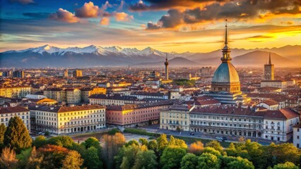 Obraz premium Vibrant Cityscape of Turin with Mountains at Sunset Overhead