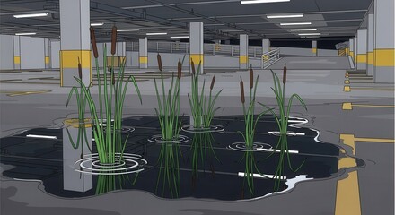 Green marsh plants grow robustly from a dark pool of water within an empty subterranean parking facility