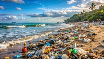 Polluted Beach with Trash and Debris on Shoreline under Blue Sky