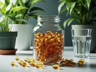 Healthy omega 3 fish oil capsules in a glass jar
