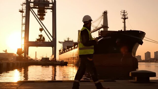 Worker checks tablet at port near cargo ship during sunset. Port engineer walks by ship with tablet. Worker inspects cargo vessel at harbor sunset. Port worker with tablet near crane and ship.
