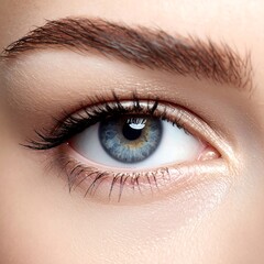 Fototapeta premium Close-up view of a captivating blue eye with defined lashes and a meticulously shaped eyebrow