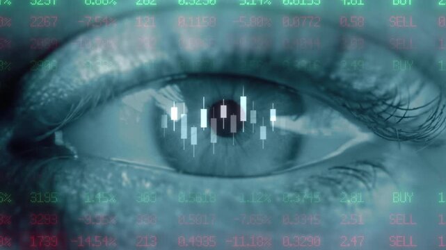 Teal eye with a scrolling quote ticker along the bottom of the frame. Stock exchange reflection