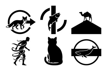 Minimal black and white vector silhouette icon set with fox arrow, fish symbol, camel, walking human, sitting cat and whale badge