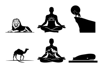 Black and white vector silhouette set with meditating human, lion, camel, whale and perched bird on cliff