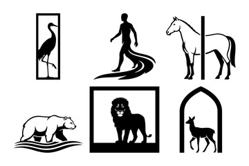 Black and white vector silhouette icon set with framed heron, flowing walker, horse, polar bear waves, lion frame and deer arch