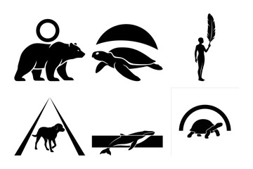 Minimal black and white vector silhouettes featuring bear, sea turtle, camel triangle, whale and human with feather