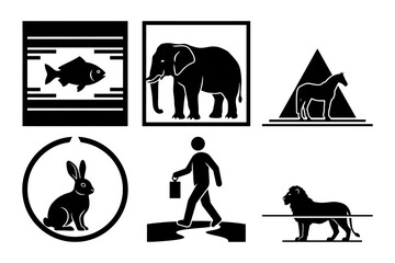 Minimal black and white vector silhouette set with elephant frame, rabbit circle, goat mountains, fish square, lantern walker and lion
