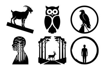 Minimal vector silhouette icon set with owl, hawk circle, goat on plank, forest head, deer in trees and human ring