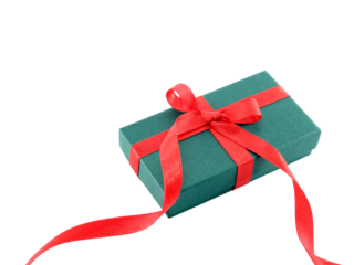 simple green gift box with red ribbon bow isolated on transparent