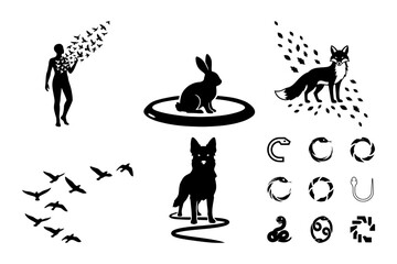 Black and white symbolic silhouettes with fox leaves, wolf circle, rabbit ring, flying birds, human releasing flock and abstract typography
