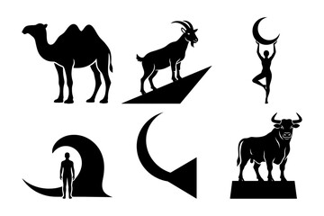 Minimal black and white vector silhouettes with camel, goat slope, bull platform, moon yoga pose and human in wave shapes