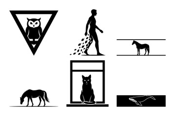 Minimal black and white vector silhouette icon set with owl triangle, walking man, dog, horse, cat and whale