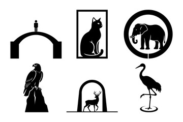 Minimal black and white vector silhouette icon set with elephant in circle, framed cat, deer, heron, vulture and bridge figure