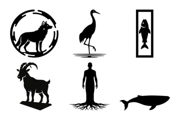 Minimal black and white vector silhouettes featuring wolf brush circle, heron, framed fish, rooted human, goat and whale