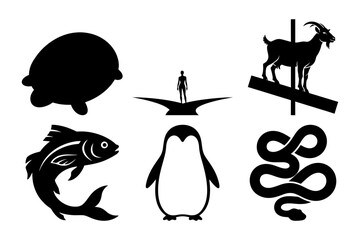 Black and white vector silhouette icon set with turtle, penguin, snake, fish, goat on plank and human standing on curve